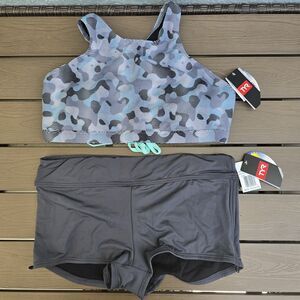 TYR Durafast Women's Grey/mint Lavare Top & Solid Grey Boy Shorts Set Sz XL New